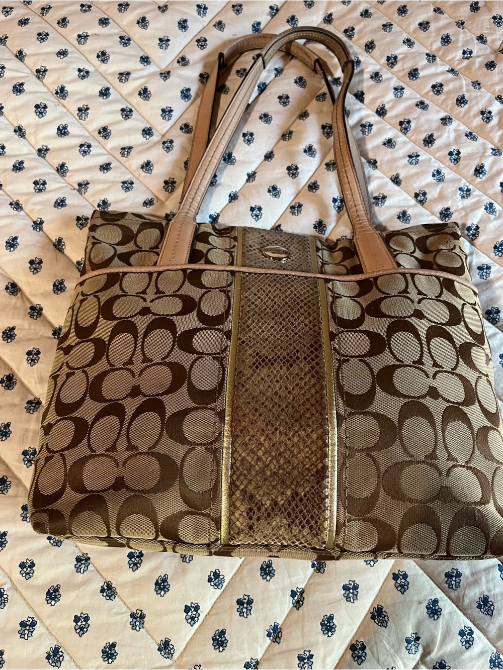 Coach Brown Signature Tote with Metallic Snake-Trim